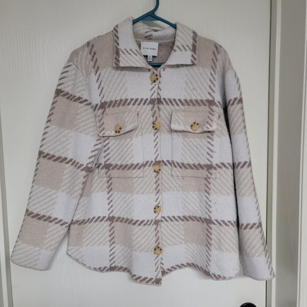 Womens brown and beige plaid full button up shirt - has minor holes in pictures